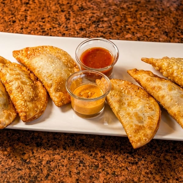 Six golden-brown empanadas and two dipping sauces on a white rectangular plate.