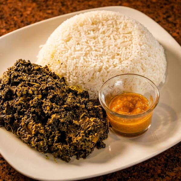 A white plate with a mound of white rice, a serving of dark green stew, and a small cup of orange sauce.
