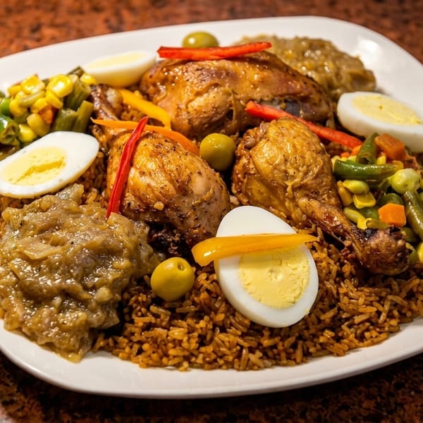 A large white plate of jollof rice, chicken, vegetables, hard-boiled eggs, and stew.