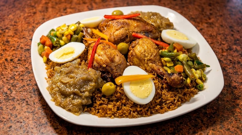 A large white plate of jollof rice, chicken, vegetables, hard-boiled eggs, and stew.