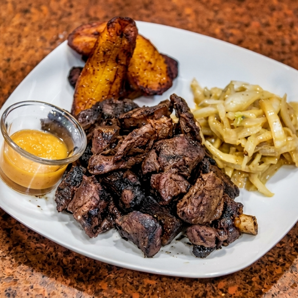 Grilled meat chunks with plantains, sautéed onions, and a dipping sauce on a white plate.
