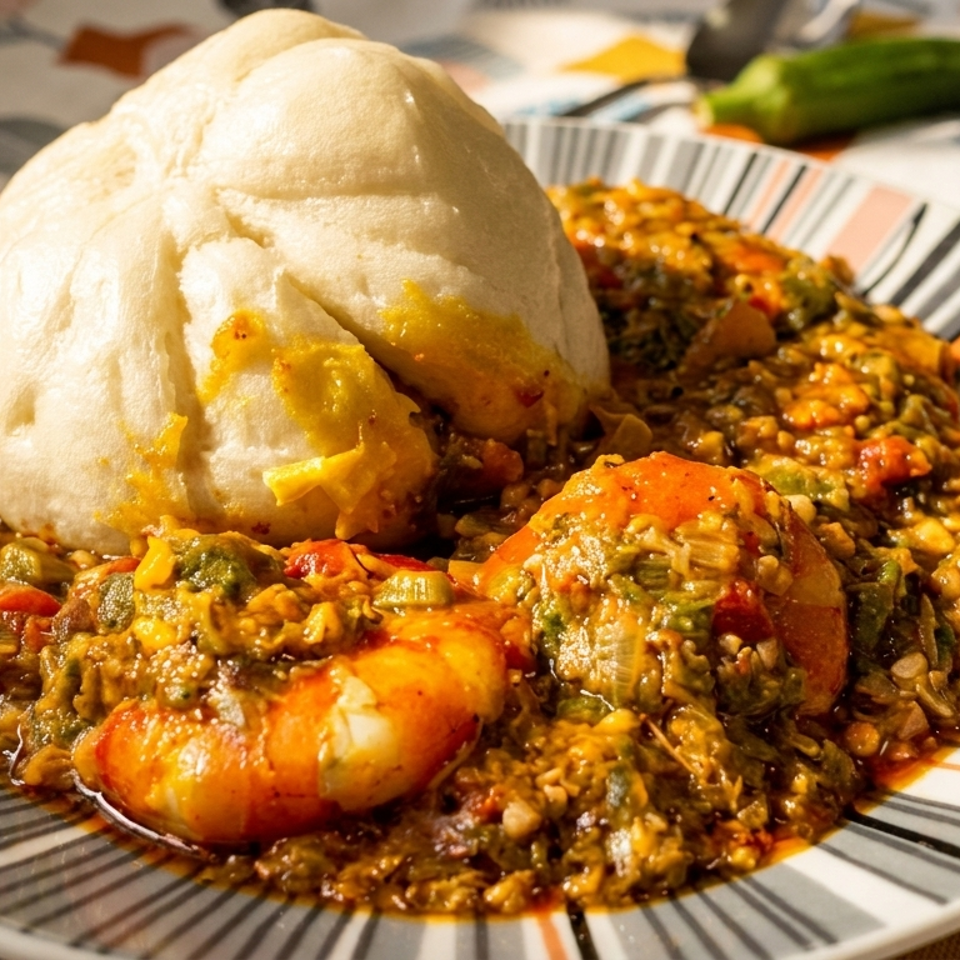 A plate of Nigerian okra soup with shrimp and a large mound of fufu on a striped plate.