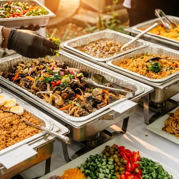 A buffet table with various hot dishes in chafing dishes and a person serving food.