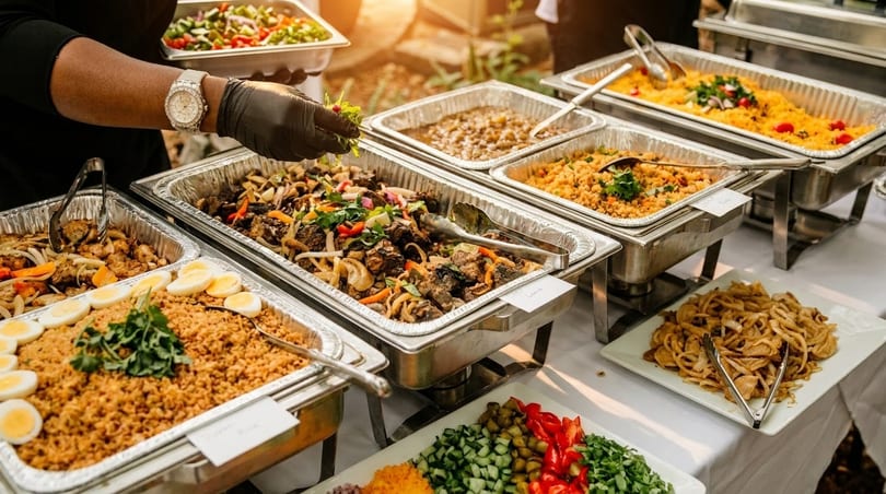 A buffet table with various hot dishes in chafing dishes and a person serving food.