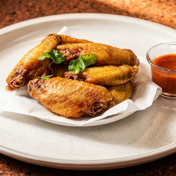 Golden-brown chicken wings with cilantro on a white plate, served with a side of red dipping sauce.
