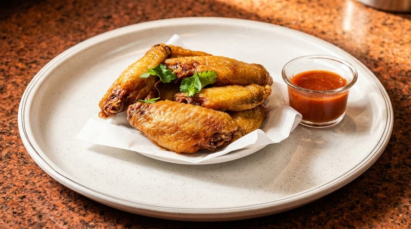 Golden-brown chicken wings with cilantro on a white plate, served with a side of red dipping sauce.