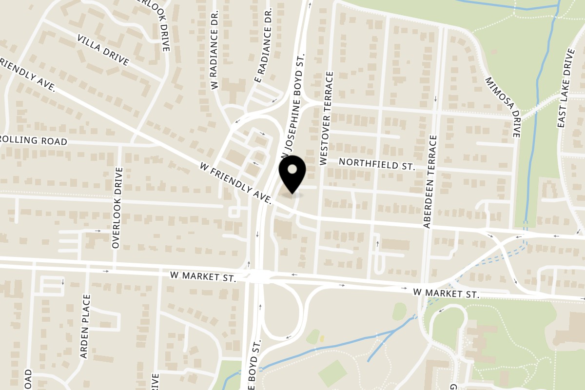Map showing the location of Saint Louis Saveurs on 1608 W Friendly Ave in Greensboro